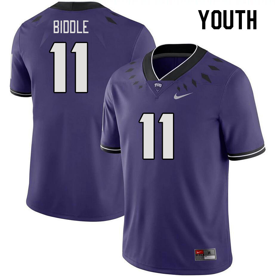 Youth #11 Chace Biddle TCU Horned Frogs 2023 College Footbal Jerseys Stitched-Purple - Click Image to Close